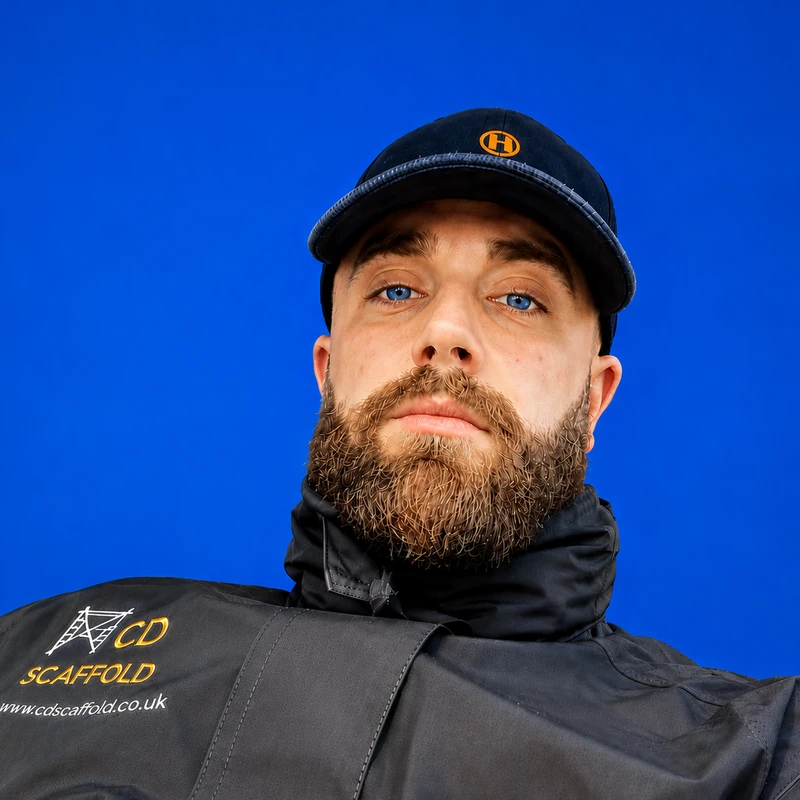 Matt from CD Scaffold Ltd wearing CD Scaffold workwear